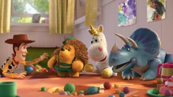 Toy Story 3: Woody (Tom Hanks), Mr. Pricklepants (Timothy Dalton), Buttercup (Jeff Garlin), Trixie (Kristen Schaal) 