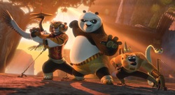 Kung Fu Panda 2: Po (Jack Black, center) and The Furious Five (left to right) Crane (David Cross), Tigress (Angelina Jolie) Mantis (Seth Rogen), Monkey (Jackie Chan), and Viper (Lucy Liu).