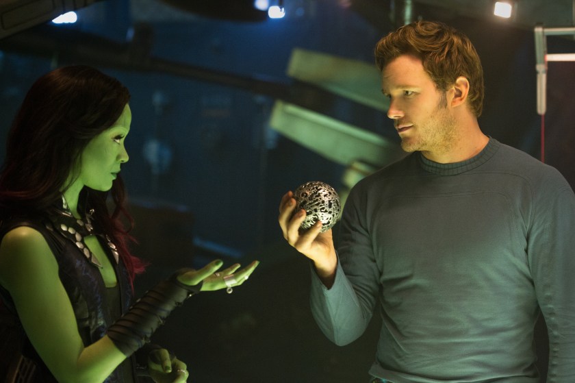 Zoe Saldana as Gamora and Chris Pratt as Peter Quill in Guardians of the Galaxy