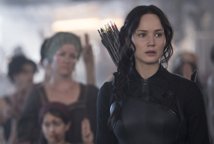 Jennifer Lawrence as Katniss Everdeen in The Hunger Games: Mockingjay - Part 1
