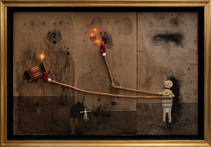 David Lynch, United States b.1946 / Boy Lights Fire 2010 / Mixed media on cardboard, 182.8 x 274.3cm / Courtesy: The artist / © David Lynch